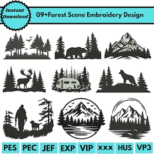 Mountains Forest Machine Embroidery Designs Nature Landscape Embroidery Wilderness Landscape Stitch Pattern Bear Embroidery Pes File 5+Sizes