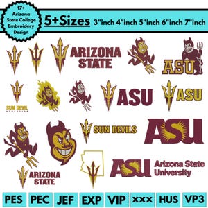 May include: A collection of Arizona State University embroidery designs. The designs include logos, the ASU mascot, and the words "Arizona State" and "Sun Devils". Sizes range from 3 to 7 inches.