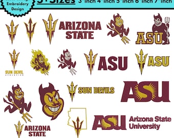 Diseño de bordado a máquina de la Universidad Estatal de Arizona Logotipos universitarios Bordado de logotipo universitario Bordado de equipo deportivo Archivo PES 5+ tamaños Descargas