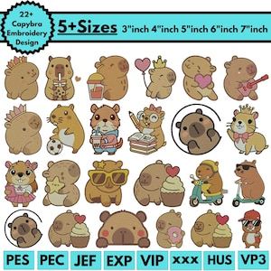 Könnte beinhalten: Eine Sammlung von 22+ Capybara-Stickmustern in verschiedenen Posen, mit Accessoires. Erhältlich in 5+ Größen, von 7,6 cm bis 17,8 cm. Der Text "Capybra Embroidery Design" ist ebenfalls enthalten.