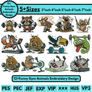 Funny Gym Animals Machine Embroidery Designs Gym Animal Embroidery Pattren Weightlifting Pets Embroidery Gym Pattren Pes File5+Size Download