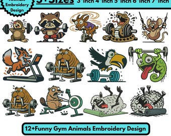 Diseños divertidos de animales de gimnasio para bordar a máquina. Patrón de animales de gimnasio. Levantamiento de pesas. Bordado de mascotas. Patrón de gimnasio. Descarga de archivos de 5 tamaños.