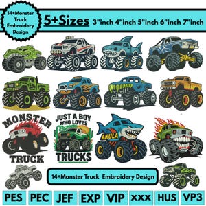 Puede incluir: Una colección de 14+ diseños de bordado de monster trucks en varios colores y estilos. Los diseños incluyen camiones con temas de tiburones, monstruos y llamas. Tamaños de 7,6 a 17,8 cm. Texto: "Monster Truck Embroidery Design".