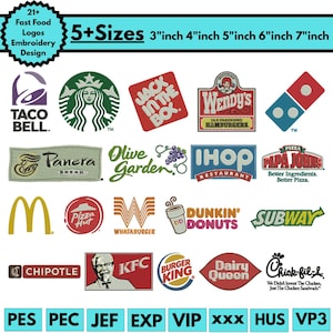 Puede incluir: Una colección de logotipos de comida rápida bordados, incluyendo Taco Bell, Starbucks, Jack in the Box, Wendy's, Domino's, Panera Bread, Olive Garden, IHOP, Papa John's, McDonald's, Pizza Hut, Whataburger, Dunkin' Donuts, Subway, Chipotle, KFC, Burger King, Dairy Queen y Chick-fil-A. Los logotipos están disponibles en 5+ tamaños, de 7,6 cm a 17,8 cm.