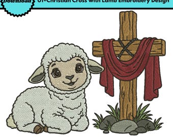 Diseño de bordado a máquina de cruz cristiana con cordero, bordado religioso, patrón de bordado de Jesús, Cordero de Dios, descargas de bordado de Jesús Pes