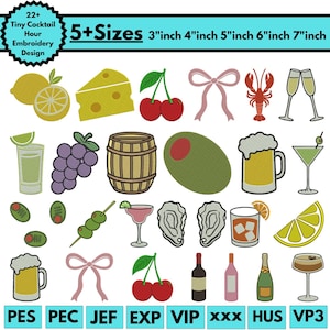 Puede incluir: Diseños de bordado con temas de la hora del cóctel. Incluye limones, queso, cerezas, lazos, una langosta, copas de champán, un chupito de tequila, uvas, un barril, una aceituna, una jarra de cerveza y un martini. Los diseños están disponibles en 5+ tamaños.