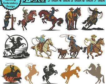 Diseño de bordado a máquina de vaquero corriendo Diseño de bordado de vaquero Patrón de puntada de rodeo de vaquero occidental Caballo corriendo Archivo Pes 5+ Tamaño Descargar