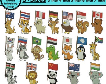 Diseño de bordado a máquina de animales con banderas adorables, animales de países del mundo, bordado de animales con banderas de dibujos animados, bordado de banderas de países, Pes 5+Size Descargar