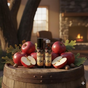 May include: Two cylindrical glass roller bottles with black caps, labeled "Apples & Oak," stand upright on a wooden barrel. They are surrounded by several whole red apples, two apple halves, and green oak leaves, creating a rustic display.