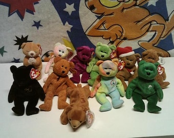 Beenie Babies Peace Bear, Hope, Cubby, Erin, Fuzz, Millennium, Kicks, Teddy de 1997, The End, Groovy
