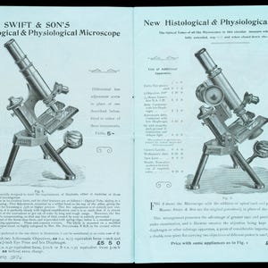 May include: An advertisement for Swift & Son's New Histological & Physiological Microscope. The image shows two detailed illustrations of the microscope, highlighting its features. Text includes pricing and specifications. The background is a light blue color.