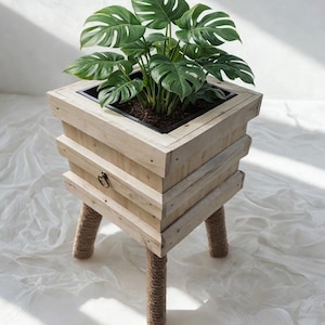 Houten plantenbak met led-verlichting, rustieke Scandinavische plantenstandaard, handgemaakte bloempot voor binnen, modern boerderijdecor, cadeau idee thuis