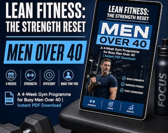 Programma di allenamento in palestra per uomini over 40 in formato PDF, piano di allenamento di forza di 4 settimane, guida per principianti in palestra, guida agli esercizi con immagini, download digitale.