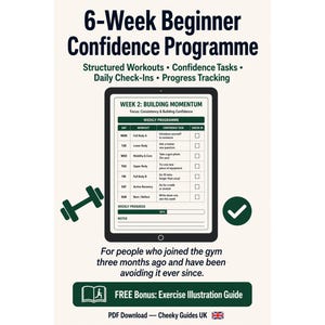 May include: An advertisement for a 6-week beginner fitness programme. The image shows a tablet displaying a weekly workout schedule, a dumbbell graphic, and the text "6-Week Beginner Confidence Programme." Includes structured workouts and progress tracking.