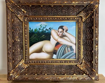 Tamara de Lempicka “Nude on a Terrace” Framed Reproduction | Vintage Art Deco Wall Art | Ornate Gold Frame | Maximalist Decor