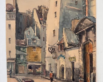 Vintage European Street Scene Watercolors, Signed Architecture Art, 1970s Pair, Moody Neutral Decor