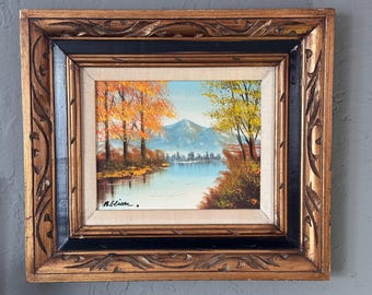 Vintage 1970s Autumn Landscape Oil Painting, Rustic Carved Wood Frame, Cabin Core Wall Art