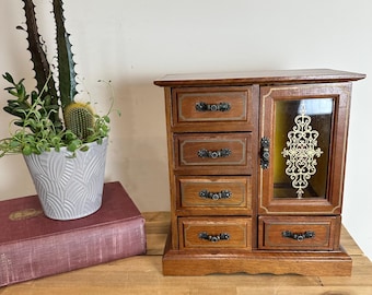 Vintage Wooden Musical Jewelry Box Cabinet with Glass Door, Ornate Trinket Storage
