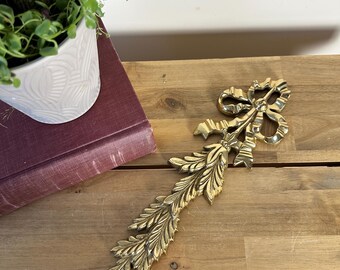 Vintage Solid Brass Ribbon Bow Oak Leaf Swag Wall Hanging | Hollywood Regency Decor