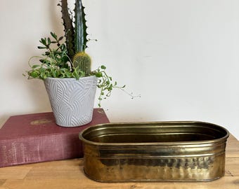 Vintage Hammered Brass Oval Planter Cachepot | Farmhouse Centerpiece Bowl 11"