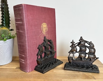 Vintage Cast Iron USS Constitution Ship Bookends, Nautical Sailing Decor Pair