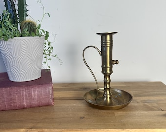 Vintage Solid Brass Push-Up Chamberstick Holder | Finger Loop Antique Style Candlestick