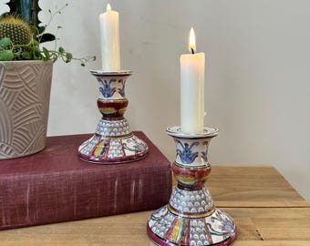Vintage Hand-Painted Ceramic Candlestick Holders Set of 2 Boho Floral Candle Holders