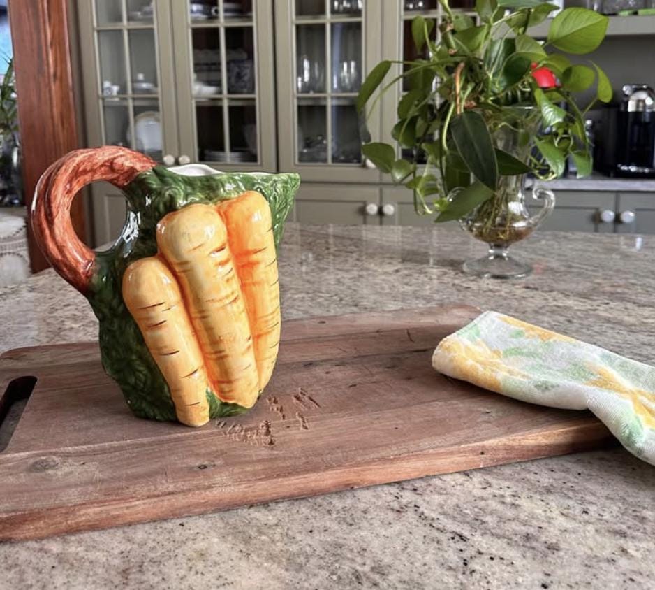 Vintage Italian Majolica Carrot Pitcher, Hand Painted Ceramic