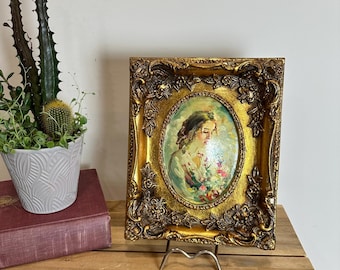 Vintage Woman Portrait Print, Ornate Gold Frame, Victorian Wall Art