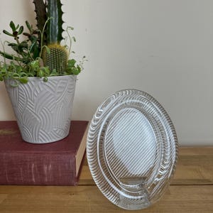 May include: Clear glass oval picture frame with a textured, ridged border. The frame is leaning on a wooden surface. A potted plant with a variety of green plants and cacti is in the background.