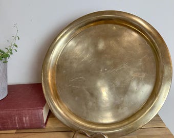 Vintage Brass Platter with Patina – Etched Floral, Boho Wall Art