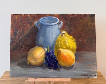1966 Oil Painting Still Life, Blue Vase Fruit, Cheryl Haslem, Mid Century Kitchen Art