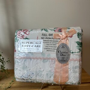 Vintage Christian Dior Wamsutta Full Sheet Set NIP | Rare Deadstock Floral Rose Chintz Eyelet Lace Bedding | Supercale No-Iron Percale Made