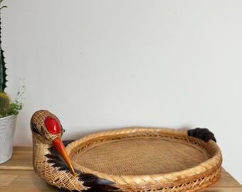 Vintage Wicker Duck Tray, Handwoven Rattan Bird Basket, Mid-Century Coastal Decor