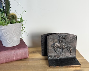 Vintage Bookends "End of the Trail" Cast Iron | Antique Bronze Native American Indian on Horse | Western Rustic Cabin Decor, Library Pair