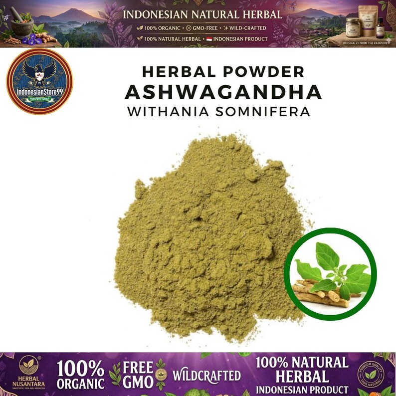 May include: A pile of light olive-green Ashwagandha herbal powder with the text Herbal Powder Ashwagandha Withania Somnifera. A circular inset shows green leaves and light brown roots. The background features text about Indonesian natural herbal products.