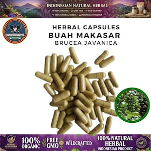 Könnte beinhalten: Ein Haufen hellbrauner Kräuterkapseln mit der Aufschrift Buah Makasar Brucea Javanica. Das Bild enthält Text mit der Angabe Indonesian Natural Herbal, 100% Organic, GMO-Free und Wild-Crafted sowie einen runden Einsatz mit grünen Beeren.