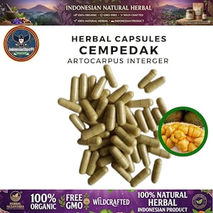 Può includere: Un mucchio di capsule di erbe marrone chiaro etichettate come Cempedak Artocarpus Interger. L'immagine include un inserto circolare che mostra segmenti di frutto cempedak giallo e testo che indica Indonesian Natural Herbal, 100% Organic, Wild-Crafted.