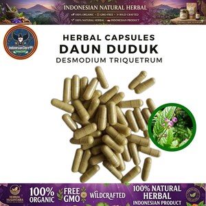 May include: A pile of light brown herbal capsules labeled as Daun Duduk Desmodium Triquetrum. The image includes text stating Indonesian Natural Herbal, 100% Organic, GMO-Free, and Wild-Crafted, with a circular inset showing a green plant with small purple flowers.