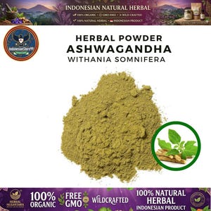 May include: A pile of light olive-green Ashwagandha herbal powder with the text Herbal Powder Ashwagandha Withania Somnifera. A circular inset shows green leaves and light brown roots. The background features text about Indonesian natural herbal products.