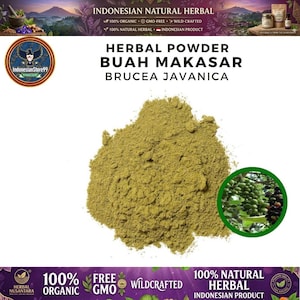 May include: A pile of light olive green herbal powder labelled as HERBAL POWDER BUAH MAKASAR BRUCEA JAVANICA. The image includes a circular inset showing green and black berries on a plant, with text indicating it is an Indonesian natural herbal product.