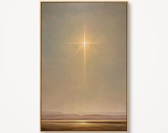 May include: An abstract landscape painting featuring a bright, radiant starburst in a muted, earthy-toned sky. The artwork has a golden frame and depicts a serene horizon with subtle mountain silhouettes and a reflective body of water.