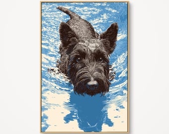 Scottish Terrier Wall Art Print, Dog Swimming Canvas, Modern Pet Portrait Poster, Blue Bathroom Decor, Gift for Dog Lover