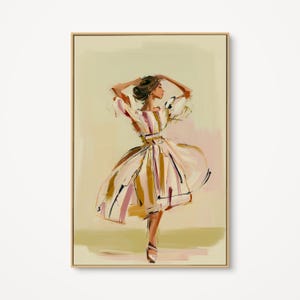 Uttrycksfull ballerinaväggkonst, modern målerisk dansare på canvas, modetryck i varma jordnära toner, elegant bohemisk dekor, chic galleriposter