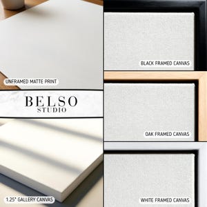 May include: An assortment of art prints and canvases. The image shows an unframed matte print, a 1.25" gallery canvas, and framed canvases in black, oak, and white. The "BELSO STUDIO" logo is also visible.