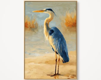 Blue Heron Marsh Wall Art, Impressionist Coastal Bird Canvas, Peaceful Nature Landscape Print, Earthy Tones Wildlife Decor, Modern Farmhouse