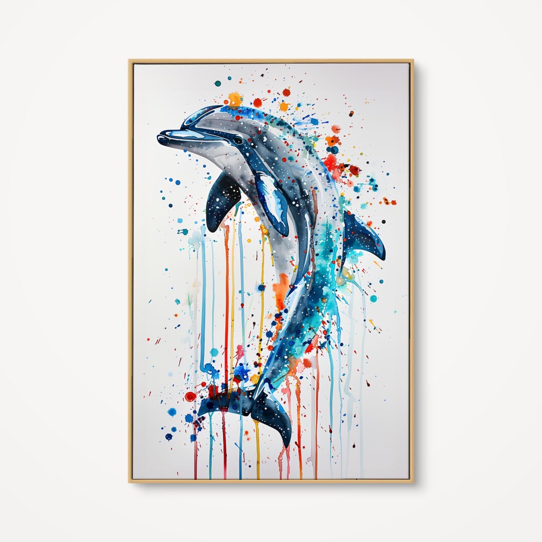 Dolphin Watercolor Wall Art, Colorful Marine Life Canvas, Splatter Art ...