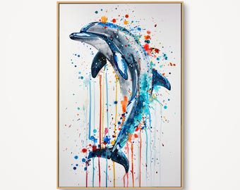 Dolphin Watercolor Wall Art, Colorful Marine Life Canvas, Splatter Art Dolphin Print, Modern Coastal Decor, Blue Aquatic Animal Portrait