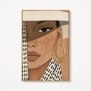 Minimalist Woman Wall Art, Boho Female Portrait Print, Warm Earth Tone Fashion Canvas