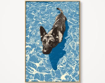 German Shepherd Swimming Wall Art, Alsatian Dog Canvas, Pool House Pet Decor, Blue Water Animal Print